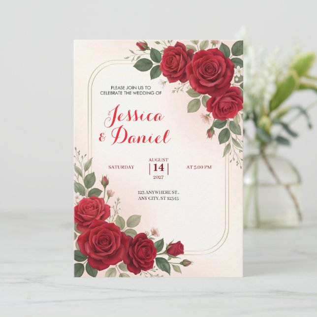 Convite de Casamento Romântico Rosa Carmesim (Em pé/Frente)