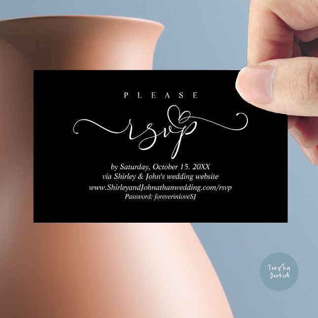 Convite de Casamento Romântico RSVP, via Site (Modern RSVP Wedding Invitation, via Website Enclosure Card, Phone, email, Black White)