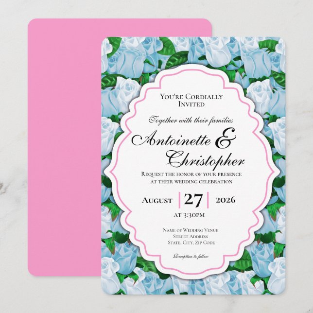 Convite de Casamento Rosa Azul e Branco com Borda  (Frente/Verso)