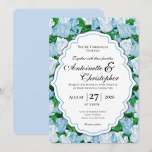 Convite de Casamento Rosa Azul e Branco com Borda