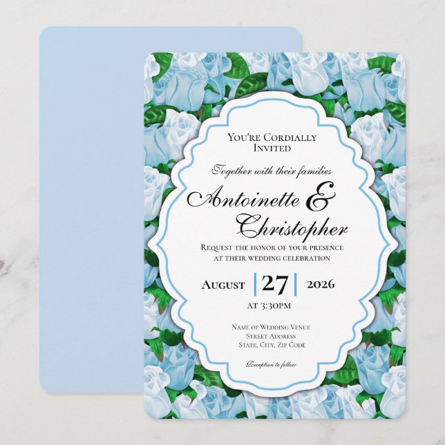 Convite de Casamento Rosa Azul e Branco com Borda  (Frente/Verso)