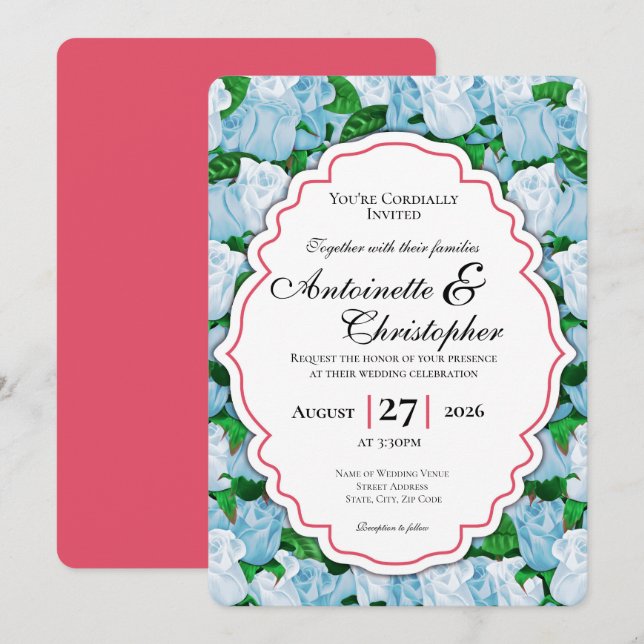 Convite de Casamento Rosa Azul e Branco com Borda  (Frente/Verso)