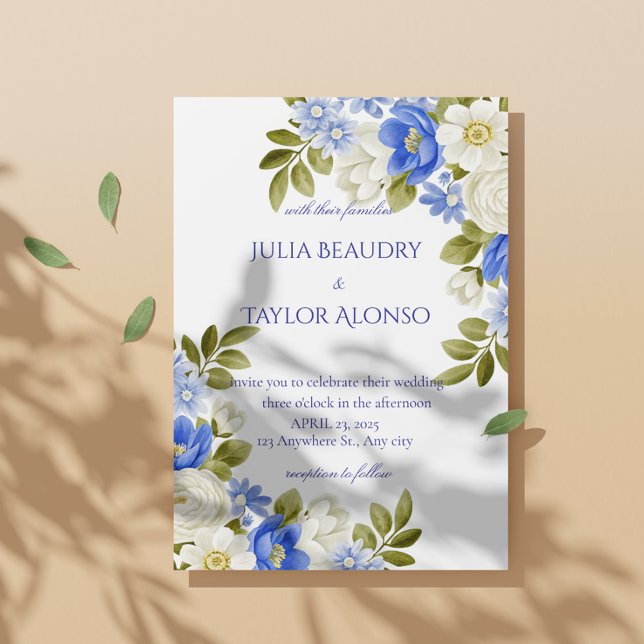 Convite de Casamento Rosa Azul Elegante (Criador carregado)