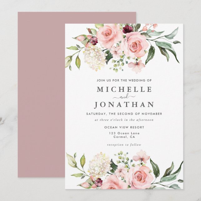 Convite de Casamento Rosa Bege Elegante (Frente/Verso)