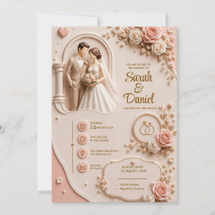 Convite de Casamento Rosa Bege Elegante 3D (CUSTOM