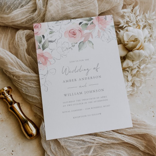 Convite de Casamento Rosa Bege Floral Suave (Criador carregado)