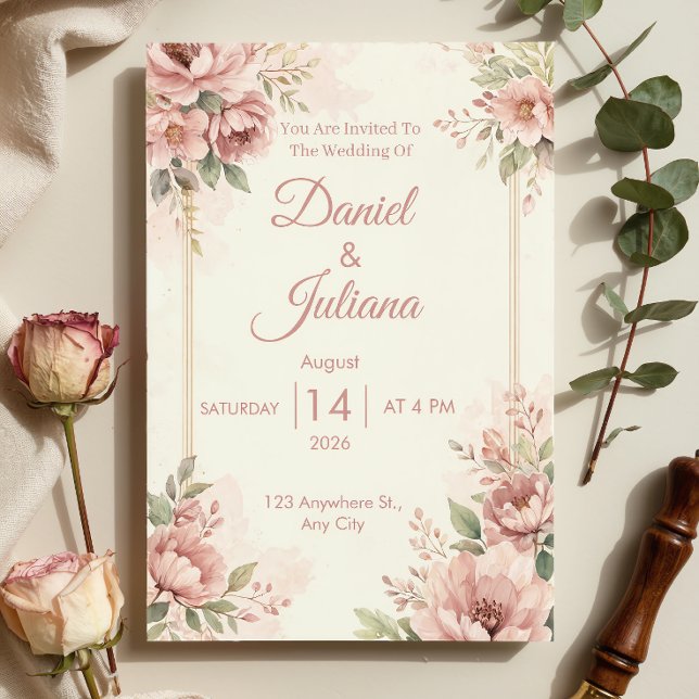 Convite de Casamento Rosa Blush Romântico | Aquare (Criador carregado)