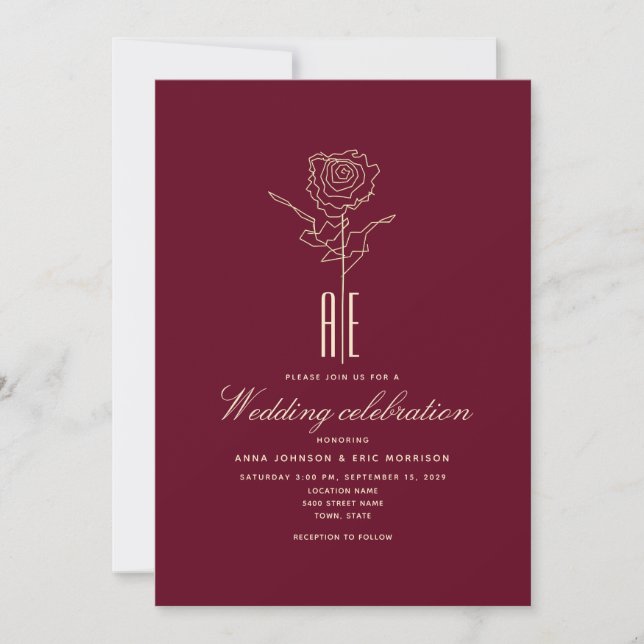 Convite de Casamento Rosa Borgonha Romântico (Frente)
