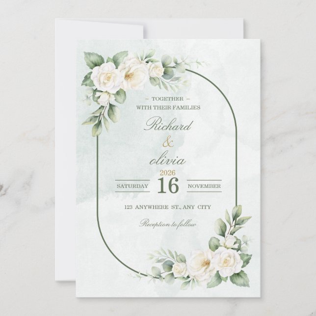 Convite de Casamento Rosa Branca e Verde Sage (Frente)