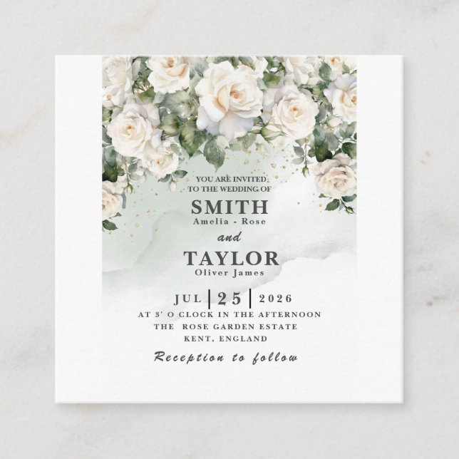 Convite de Casamento Rosa Branca Elegante em Verde (Frente)