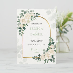 Convite de Casamento Rosa Branca Eucalipto Esmeral