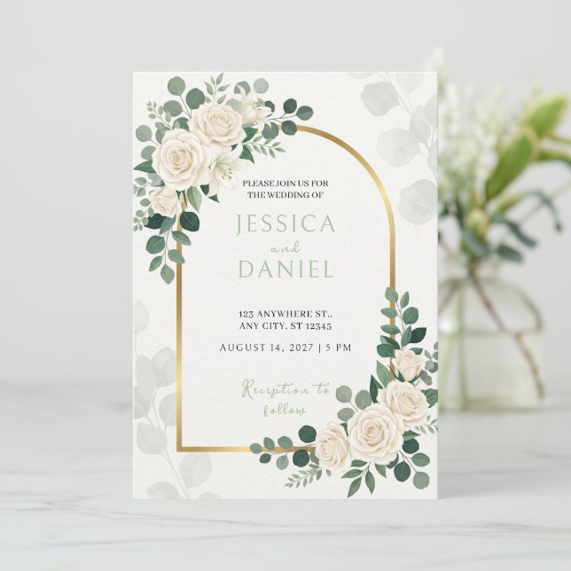 Convite de Casamento Rosa Branca Eucalipto Esmeral (Em pé/Frente)