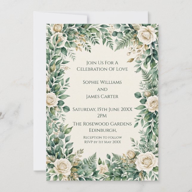 Convite de Casamento Rosa Branca Verde (Frente)