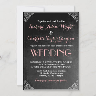 Convite de Casamento Rosa Cinza Quadro Negro Vinta