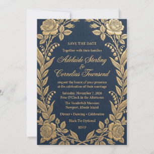 Convite de Casamento Rosa com Folha Dourada e Azul