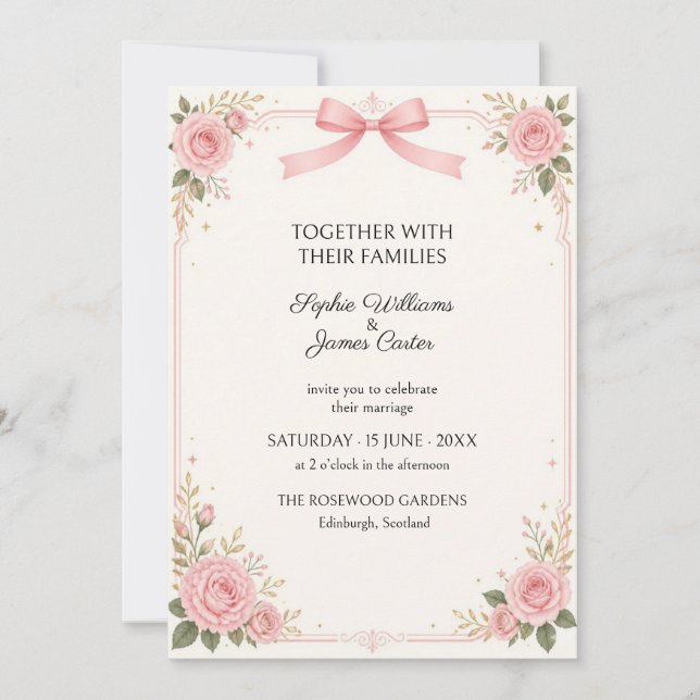 Convite de Casamento Rosa com Laço Rosa Bege (Frente)