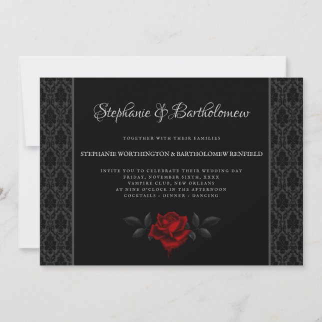 Convite de Casamento Rosa Damask Preto Gótico (Frente)