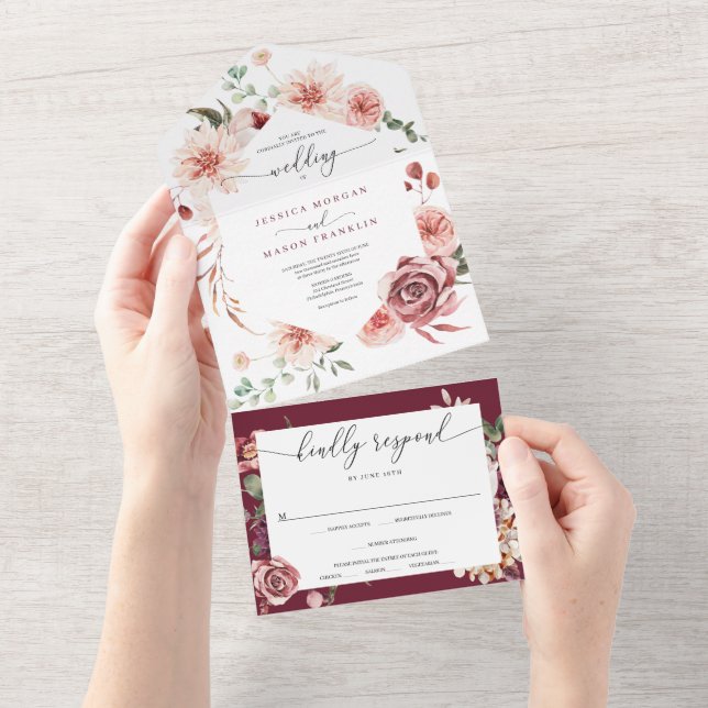 Convite de casamento Rosa de Boho para Todos em Um (Aba destacável)