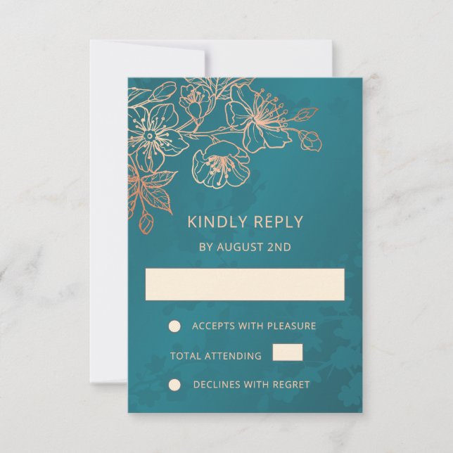 Convite de Casamento Rosa Dourado Floral Teal RSVP (Frente)