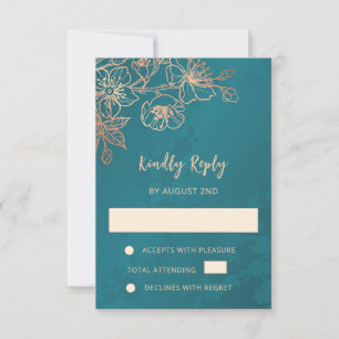 Convite de Casamento Rosa Dourado Floral Teal RSVP