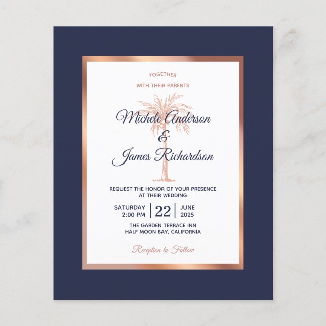 Convite de Casamento Rosa Dourado Navy Econômico (Frente)