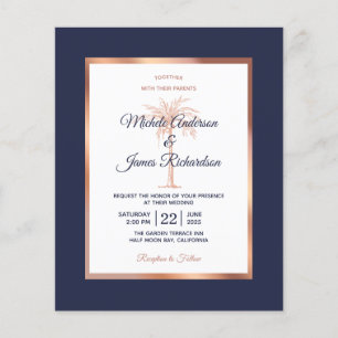 Convite de Casamento Rosa Dourado Navy Econômico