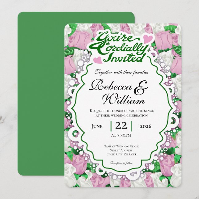 Convite de Casamento Rosa e Branco - Letras Verdes (Frente/Verso)
