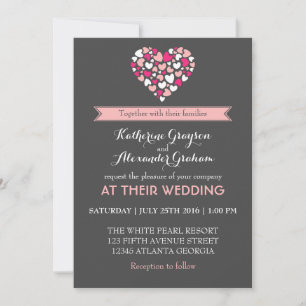 Convite de Casamento Rosa e Cinza Amor e Coração