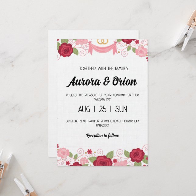 convite de casamento rosa e vermelho retrô (Frente/Verso In Situ)