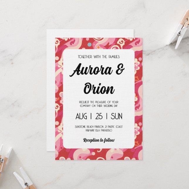 convite de casamento rosa e vermelho retrô (Frente/Verso In Situ)