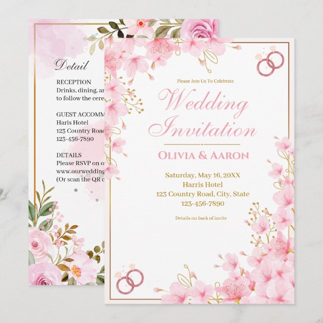Convite de Casamento Rosa Elegante Cerejeira Rosa  (Frente/Verso)