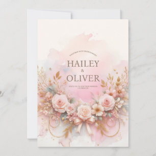 Convite de Casamento Rosa em Aquarela Pastel