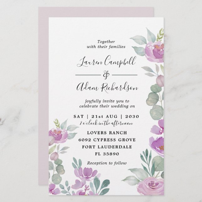 Convite de casamento Rosa Eucalyptus Com Aquarela  (Frente/Verso)