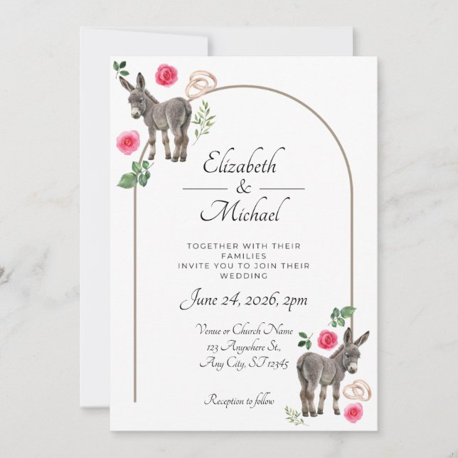 Convite de Casamento Rosa Floral Burro Rústico (Frente)