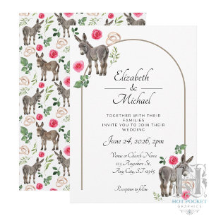 Convite de Casamento Rosa Floral Burro Rústico