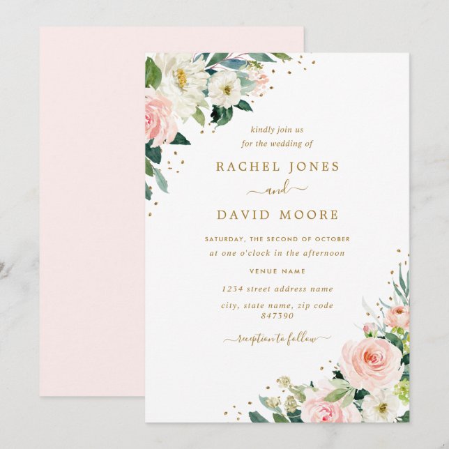 Convite de Casamento Rosa Floral Dourado (Frente/Verso)