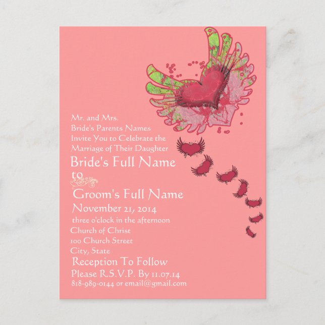 Convite de Casamento Rosa Framboesa Coração Grunge (Frente)