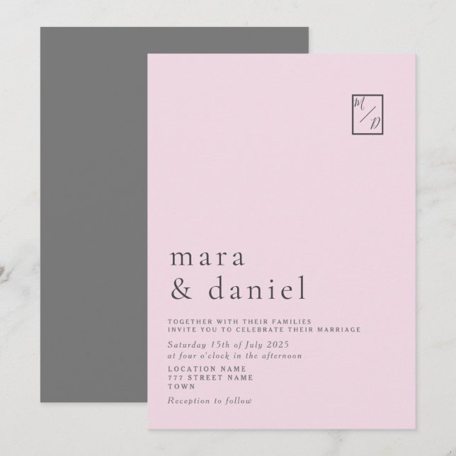 Convite de Casamento Rosa Minimalista Moderno (Frente/Verso)