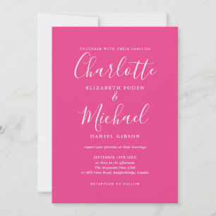 Convite de Casamento Rosa Neon Moderno com Assinat