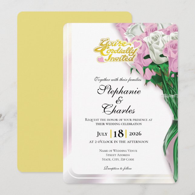 Convite de Casamento Rosa Pink - Letras Douradas 1 (Frente/Verso)
