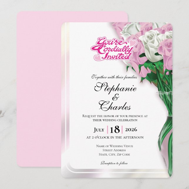 Convite de Casamento Rosa Pink - Letras Rosa 1 (Frente/Verso)