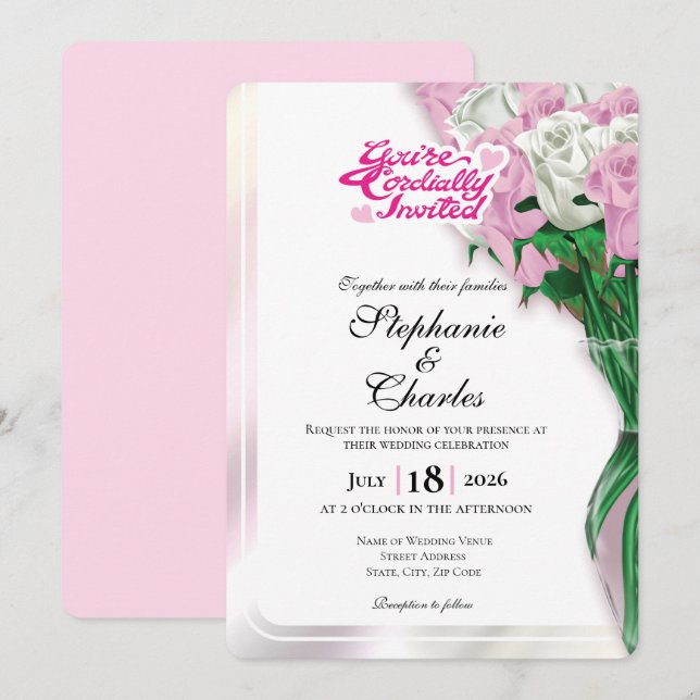 Convite de Casamento Rosa Pink - Letras Rosas 2 (Frente/Verso)