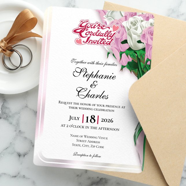 Convite de Casamento Rosa Pink - Letras Vermelhas  (Criador carregado)
