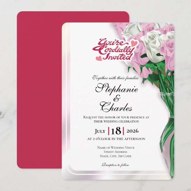 Convite de Casamento Rosa Pink - Letras Vermelhas  (Frente/Verso)