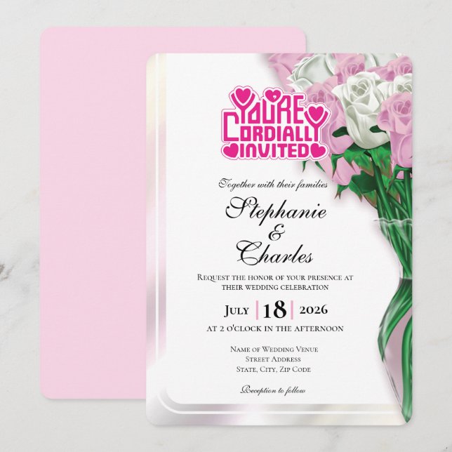 Convite de Casamento Rosa Pink - Letreiro Rosa 3 (Frente/Verso)