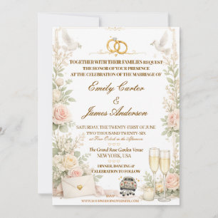Convite de Casamento Rosa & Pombo Romântico