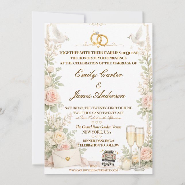 Convite de Casamento Rosa & Pombo Romântico (Frente)