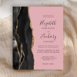 Convite de casamento Rosa Preto-Dourado Agate<br><div class="desc">A borda esquerda deste elegante convite de casamento moderno apresenta uma coloração aquosa preta,  borda agitada,  aparada com falso brilho dourado. O texto personalizável combina manuscrito off-black,  fontes copperplate e itálico em um plano de fundo rosa. O verso apresenta um design de agate preto e dourado correspondente.</div>