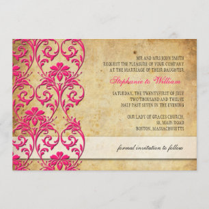 Convite de Casamento Rosa Quente Floral Vintage em
