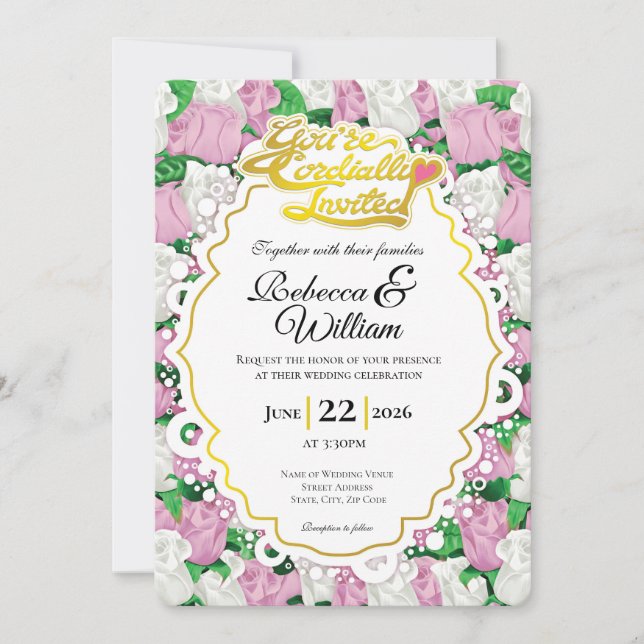 Convite de Casamento Rosa Rosa e Branca - Letras D (Frente)
